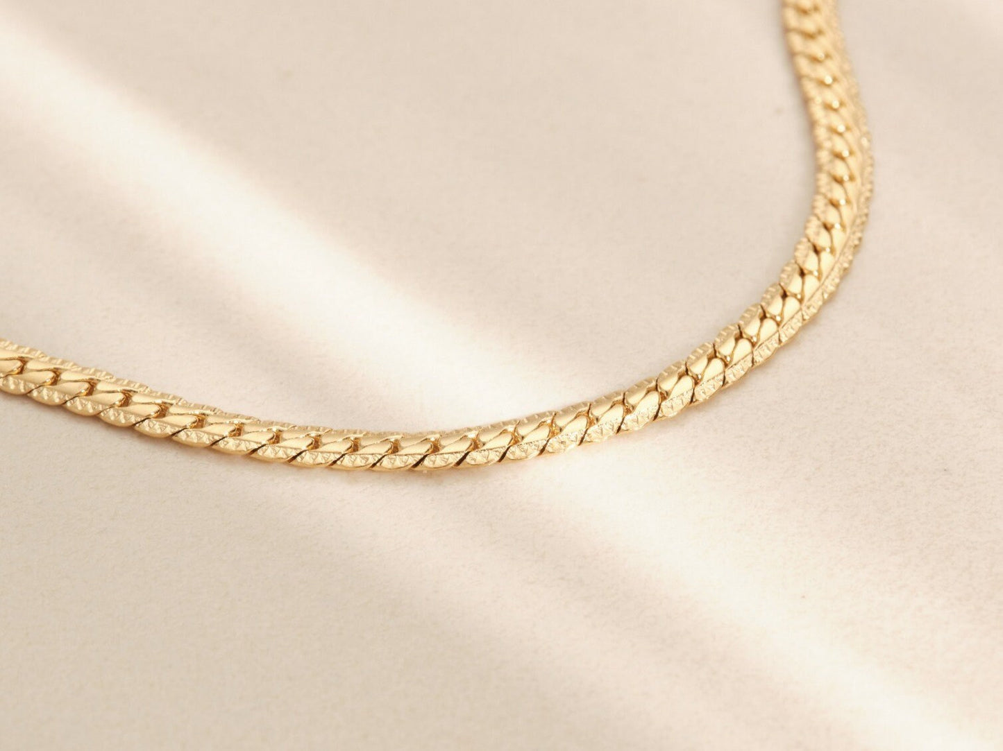 18k Gold Herringbone Necklace, Gold Herrringbone Necklace, Gold Snake Chain Choker, Flat Herringbone Choker Zircon Choker, CZ Snake