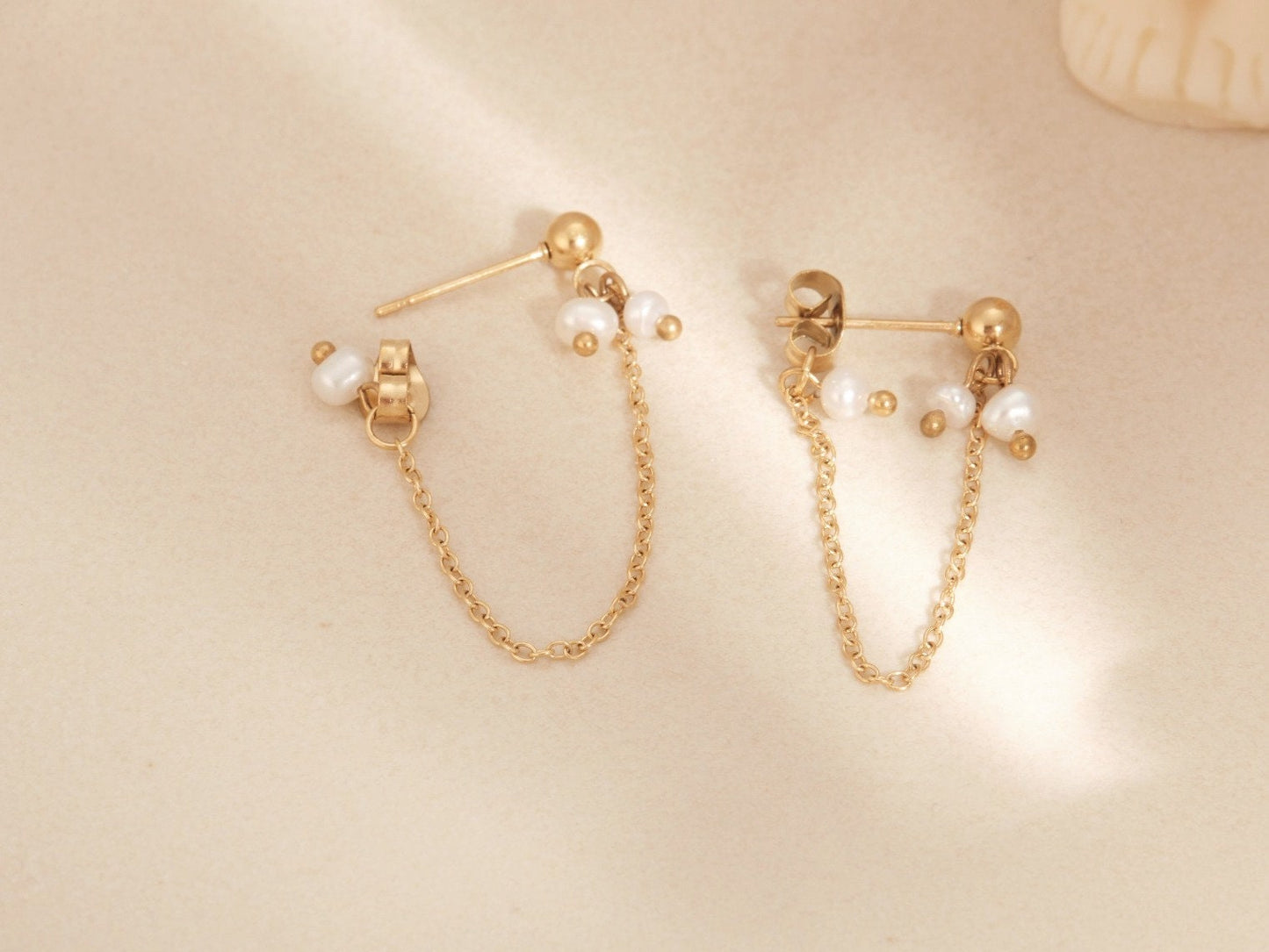 Gold Chain Earrings, Freshwater Pearl Earrings, Dainty Earrings, Minimalist, Gold Dangle Earrings, WATERPROOF Earrings, Drop Chain Earrings