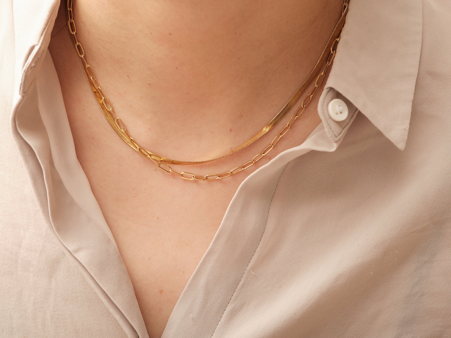 2 Layers Link Chain Necklace, Gold Herringbone, Rectangle Link Necklace, Gold Chain Link Necklace, Paperclip Necklace, 2 in 1 Chain Necklace