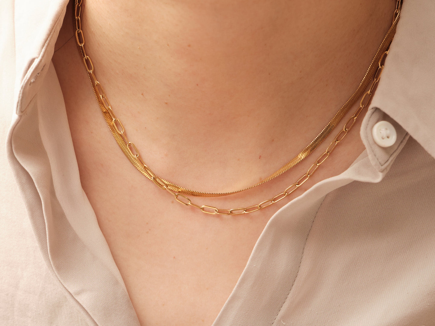 Double Layer Necklace, Herringbone Necklace, Paperclip Chain necklace, Snake Chain Necklace, Layered necklace, layering necklace, waterproof