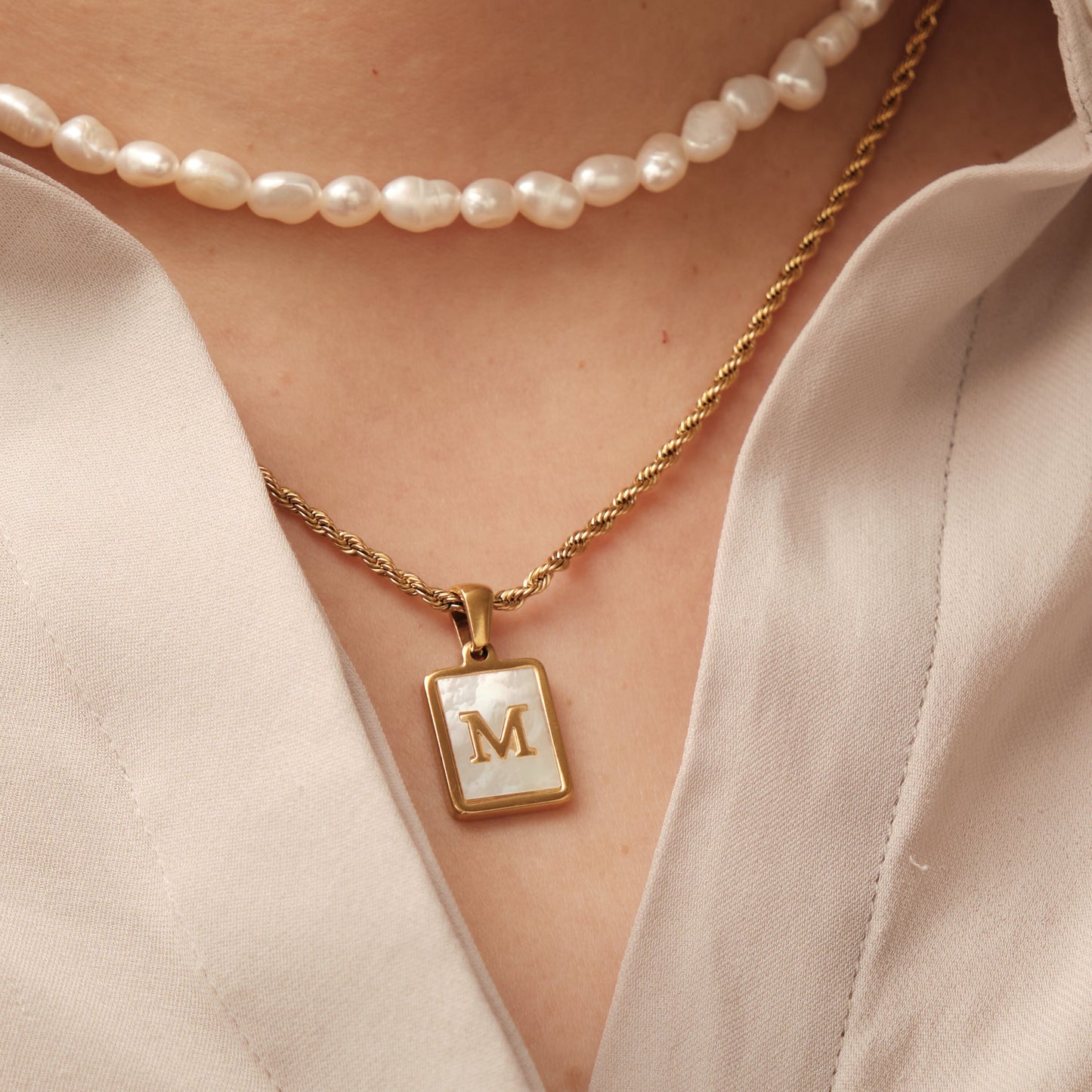 Gold Mother of Pearl Initial Necklace, 18K Gold Stainless Steel Necklace, Antitarnish, Waterproof, Hypoallergenic jewelry Mother's Day Gift