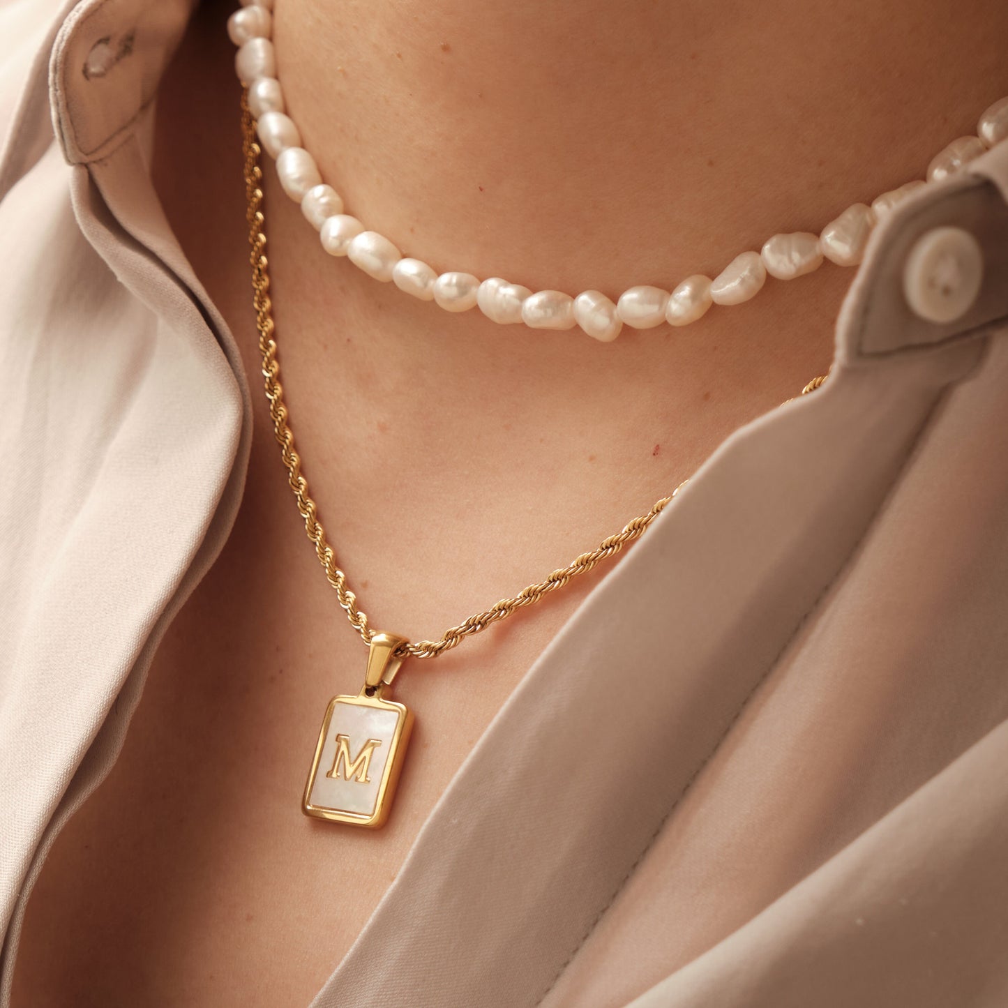 Gold Mother of Pearl Initial Necklace, 18K Gold Stainless Steel Necklace, Antitarnish, Waterproof, Hypoallergenic jewelry Mother's Day Gift