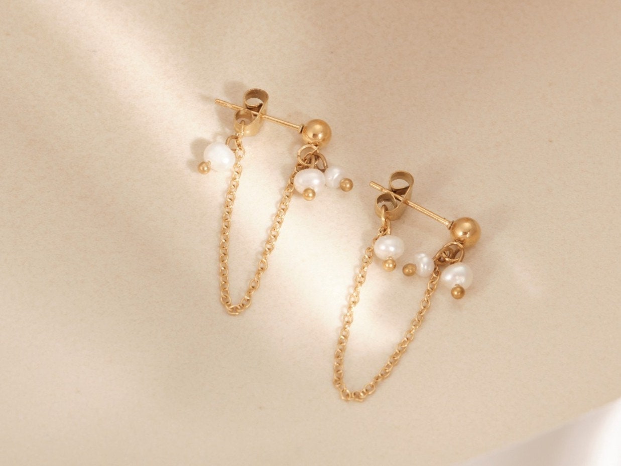 Gold Chain Earrings, Freshwater Pearl Earrings, Dainty Earrings, Minimalist, Gold Dangle Earrings, WATERPROOF Earrings, Drop Chain Earrings