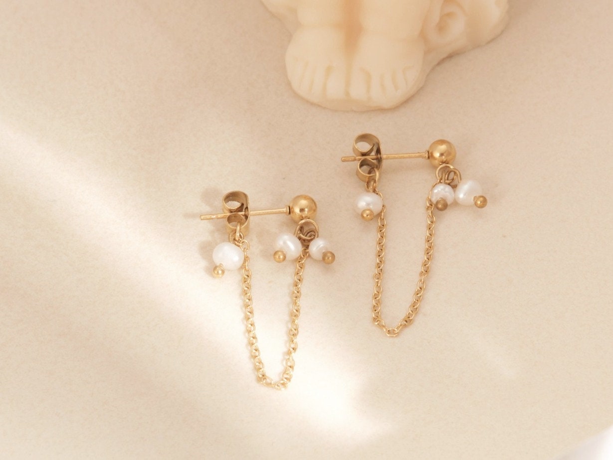 Gold Chain Earrings, Freshwater Pearl Earrings, Dainty Earrings, Minimalist, Gold Dangle Earrings, WATERPROOF Earrings, Drop Chain Earrings