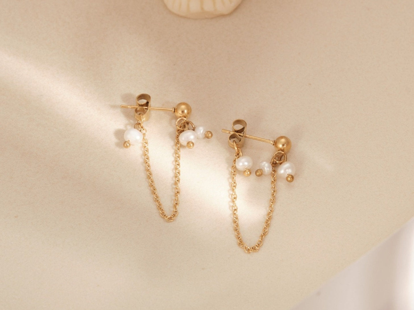 Gold Chain Earrings, Freshwater Pearl Earrings, Dainty Earrings, Minimalist, Gold Dangle Earrings, WATERPROOF Earrings, Drop Chain Earrings