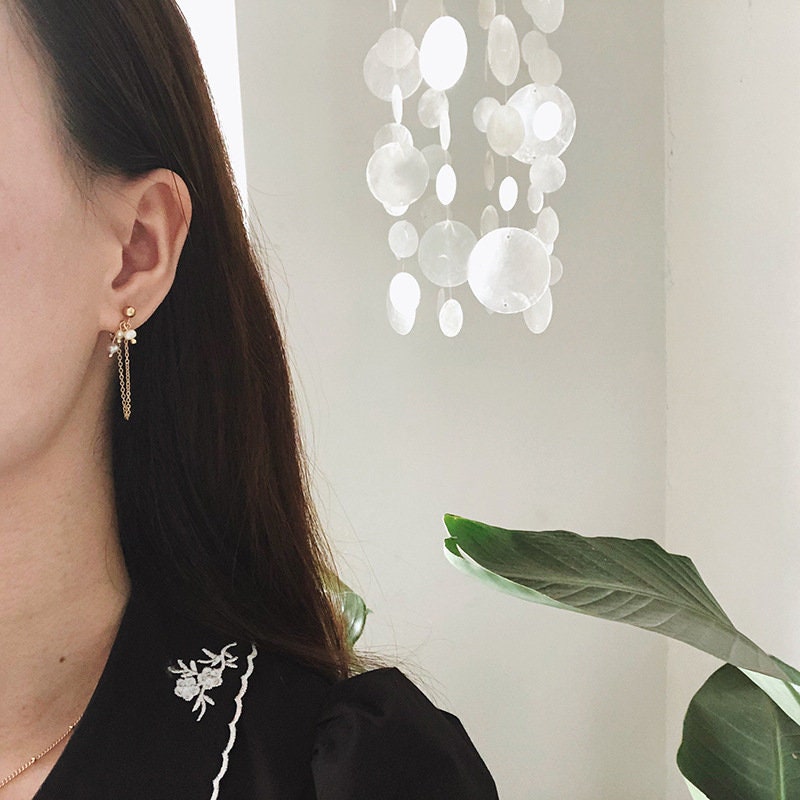 Gold Chain Earrings, Freshwater Pearl Earrings, Dainty Earrings, Minimalist, Gold Dangle Earrings, WATERPROOF Earrings, Drop Chain Earrings