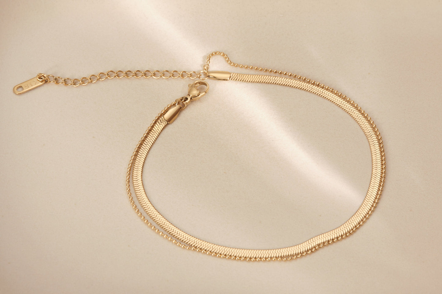 18K Gold Anklets, Gold Double Layers Anklet, Layered Anklet, Layering Anklet, Anklet Bracelet, Gold Herringbone Anklet, Gold Beaded Anklet
