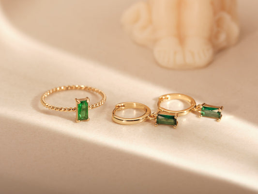 Emerald CZ Ring, Emerald CZ Earrings, Dangle Baguette Hoops, Emerald Baguette Hoops, White CZ Baguette Ring, Silver Post Earrings, Cz Hoops