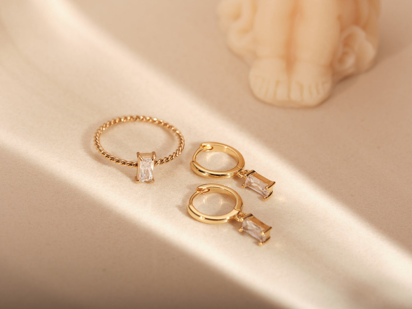 Emerald CZ Ring, Emerald CZ Earrings, Dangle Baguette Hoops, Emerald Baguette Hoops, White CZ Baguette Ring, Silver Post Earrings, Cz Hoops