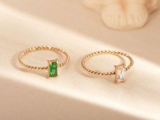 Zircon Stone Ring, Perfect Gift for her, Green CZ Ring, Emerald Earrings, Emerald Baguette Hoops, White Baguette Ring, Silver Post