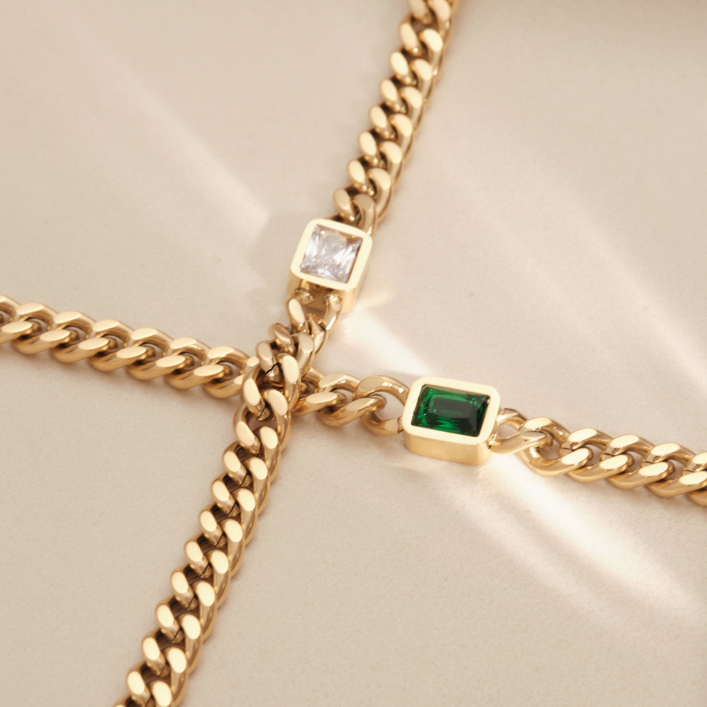 18K Gold Cuban Chain Bracelet, Emerald Bracelet, Square CZ Bracelet, Gold Chain Bracelet, WATERPROOF, White CZ Bracelet, Cuban Chain Gold