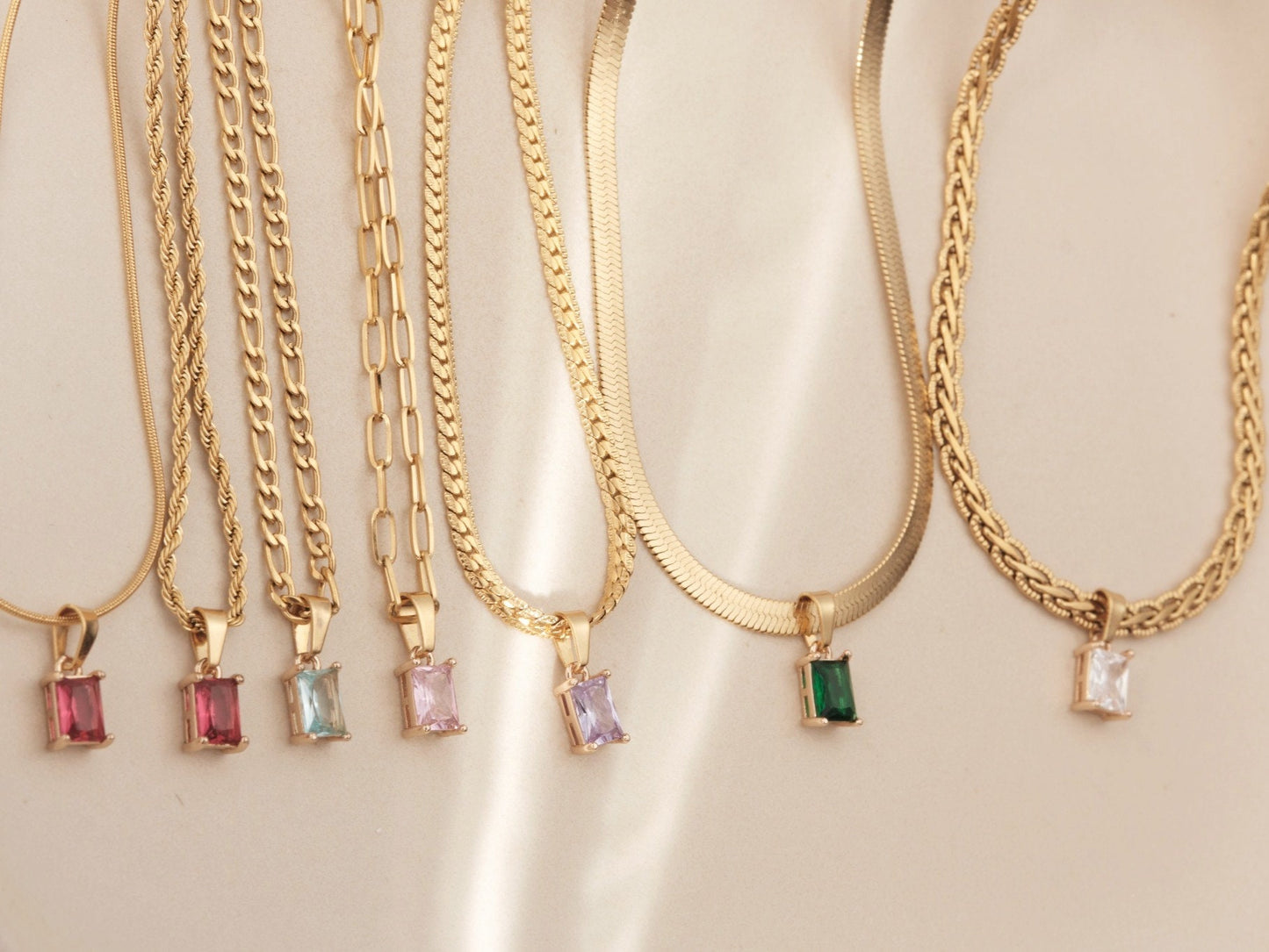 18K Gold Herringbone Choker Necklace Zirconia Gemstone Necklace, CZ Choker Necklace, Zircon Pendant, Snake Chain Choker Waterproof Necklace