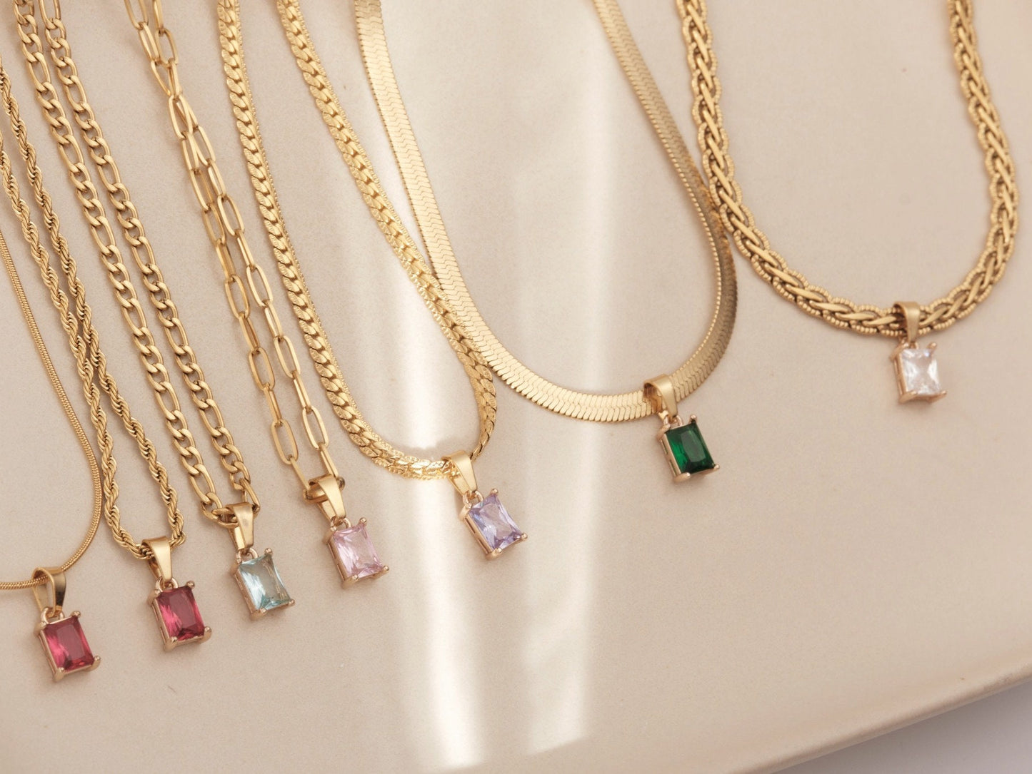 18K Gold PVD Herringbone Choker Necklace Gemstone Necklace, CZ Choker Necklace, Zircon Pendant, Snake Chain Choker Waterproof Necklace