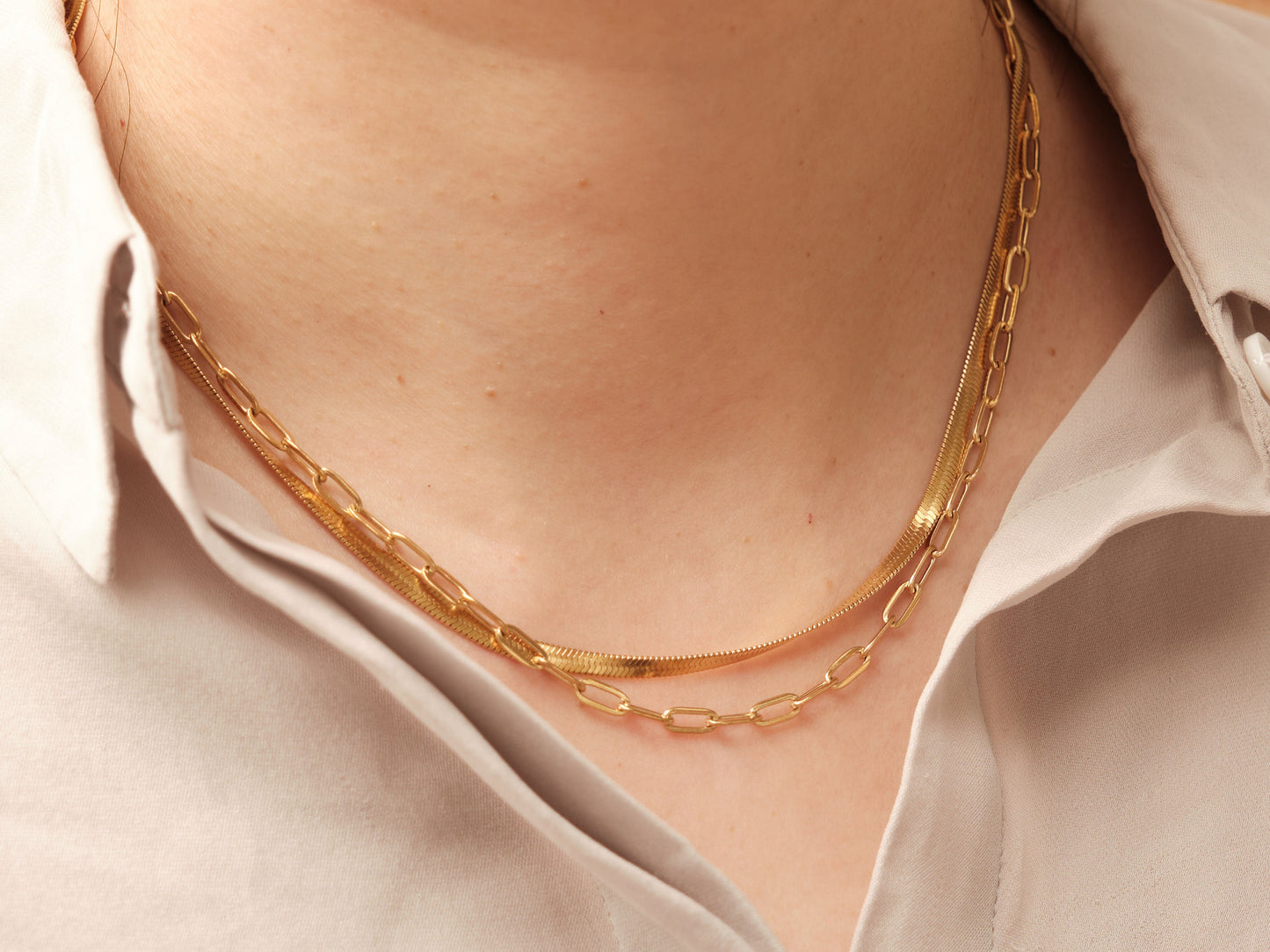 Double Layer Necklace, Herringbone Necklace, Paperclip Chain necklace, Snake Chain Necklace, Layered necklace, layering necklace, waterproof