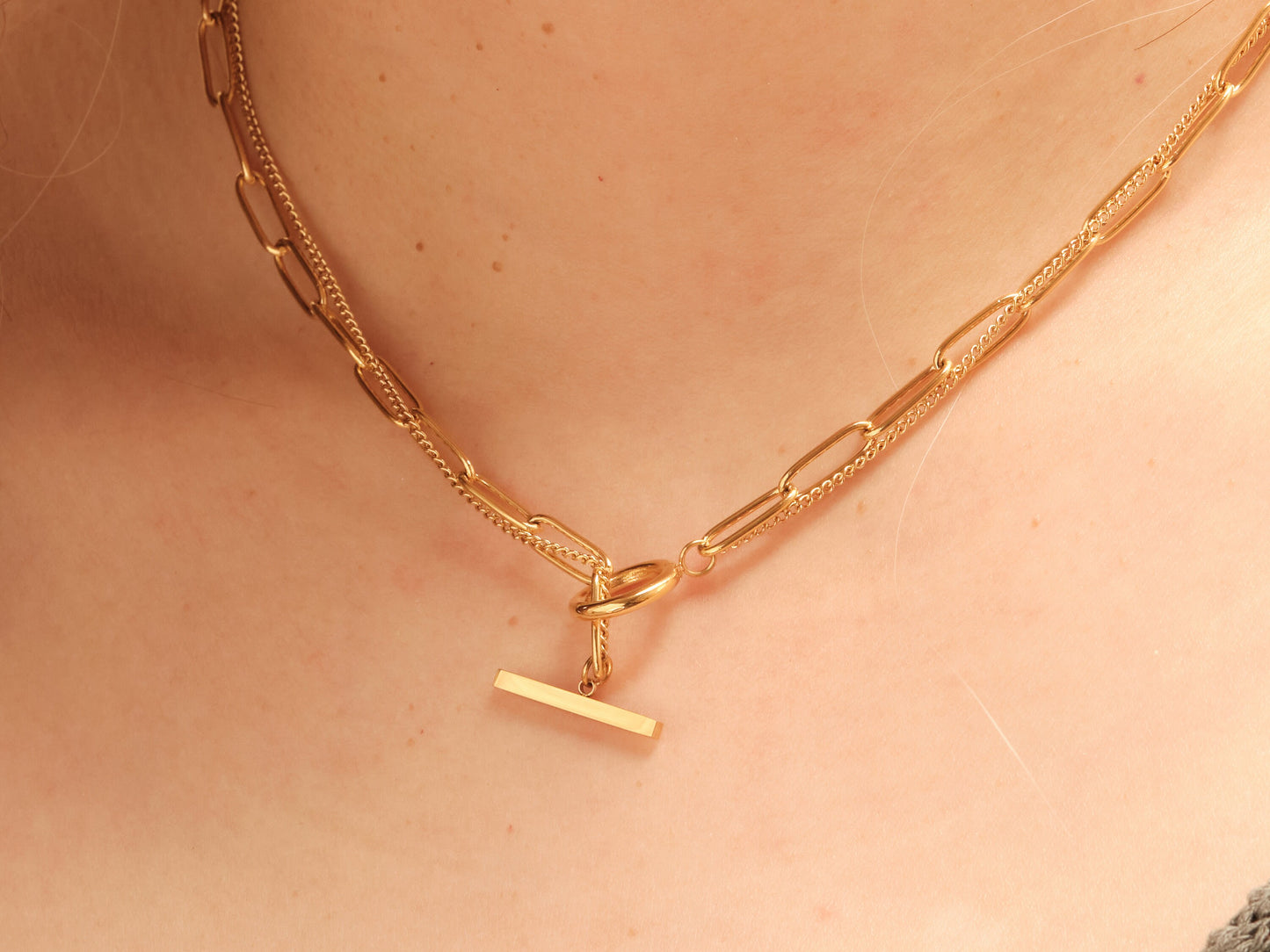 18K Gold Rectangle Chain Toggle Cuban Necklace, Double Chain, OT Necklace, Toggle Clasp Choker, Double Layer Necklace WATERPROOF jewelry