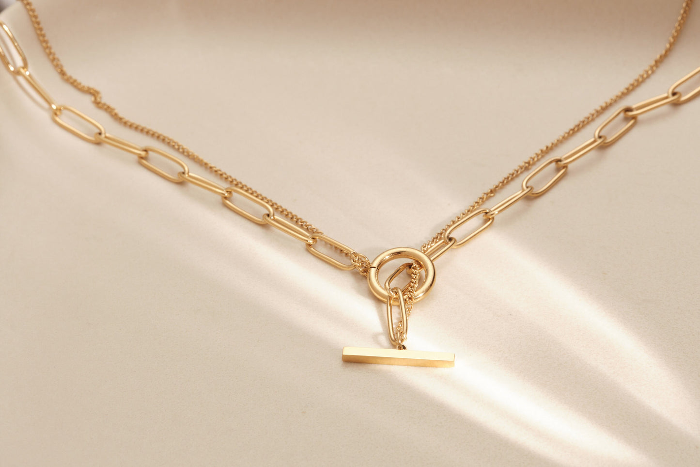 18K Gold Rectangle Chain Toggle Cuban Necklace, Double Chain, OT Necklace, Toggle Clasp Choker, Double Layer Necklace WATERPROOF jewelry
