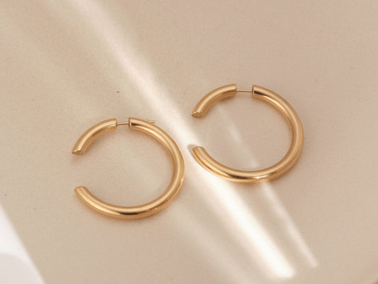 Gold Notched Hoops, Gold Open Hoops, Gold Hoop Studs, Gold Studs, Large Hoops, Small Hoops, Tarnish Free, Hypoallergic, waterproof earrings