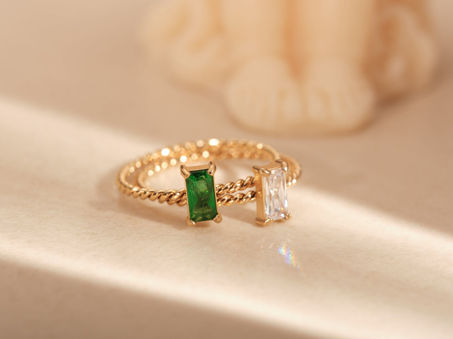 Zircon Stone Ring, Perfect Gift for her, Green CZ Ring, Emerald Earrings, Emerald Baguette Hoops, White Baguette Ring, Silver Post