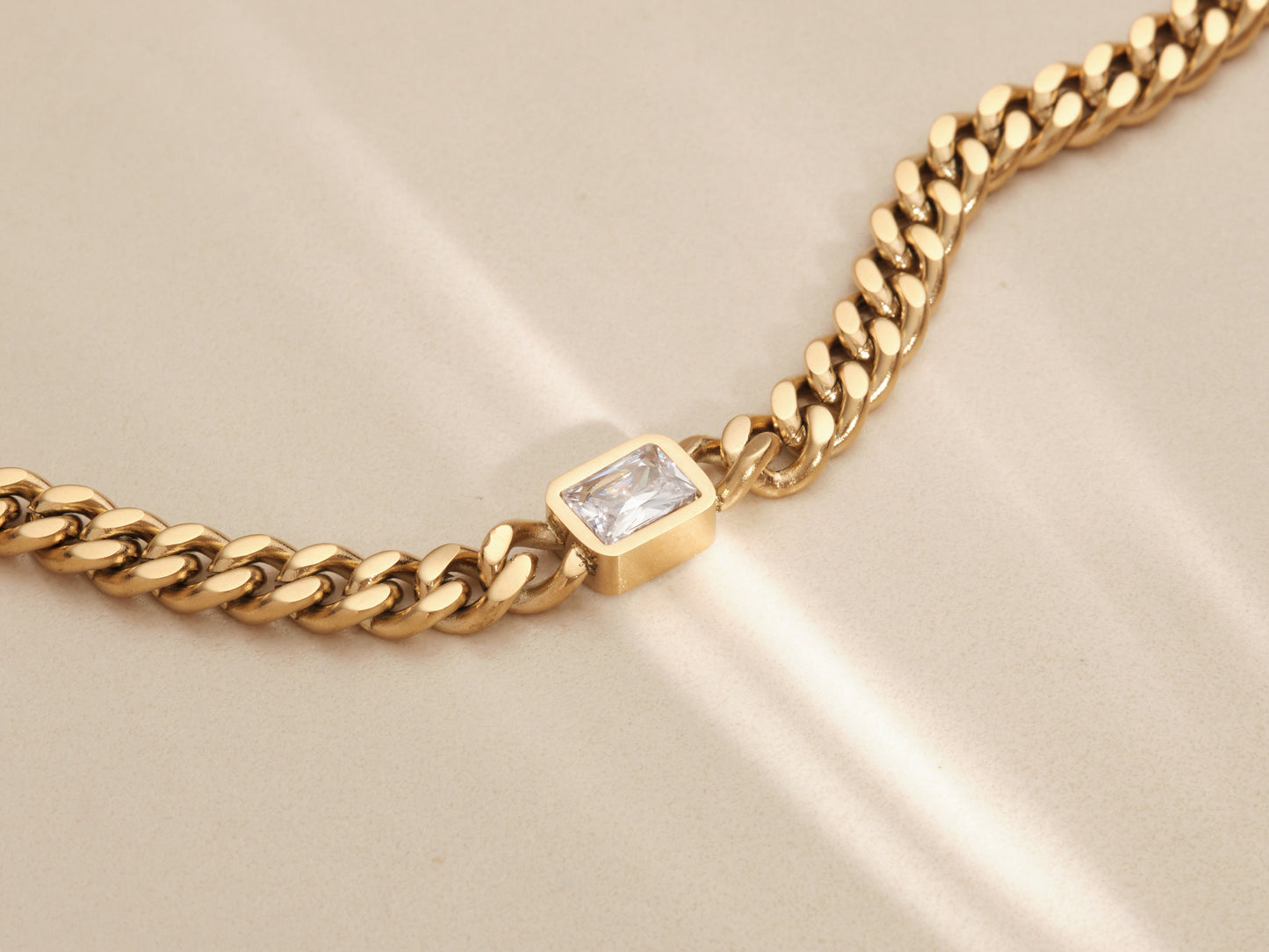 18K Gold Cuban Chain Bracelet, Emerald Bracelet, Square CZ Bracelet, Gold Chain Bracelet, WATERPROOF, White CZ Bracelet, Cuban Chain Gold