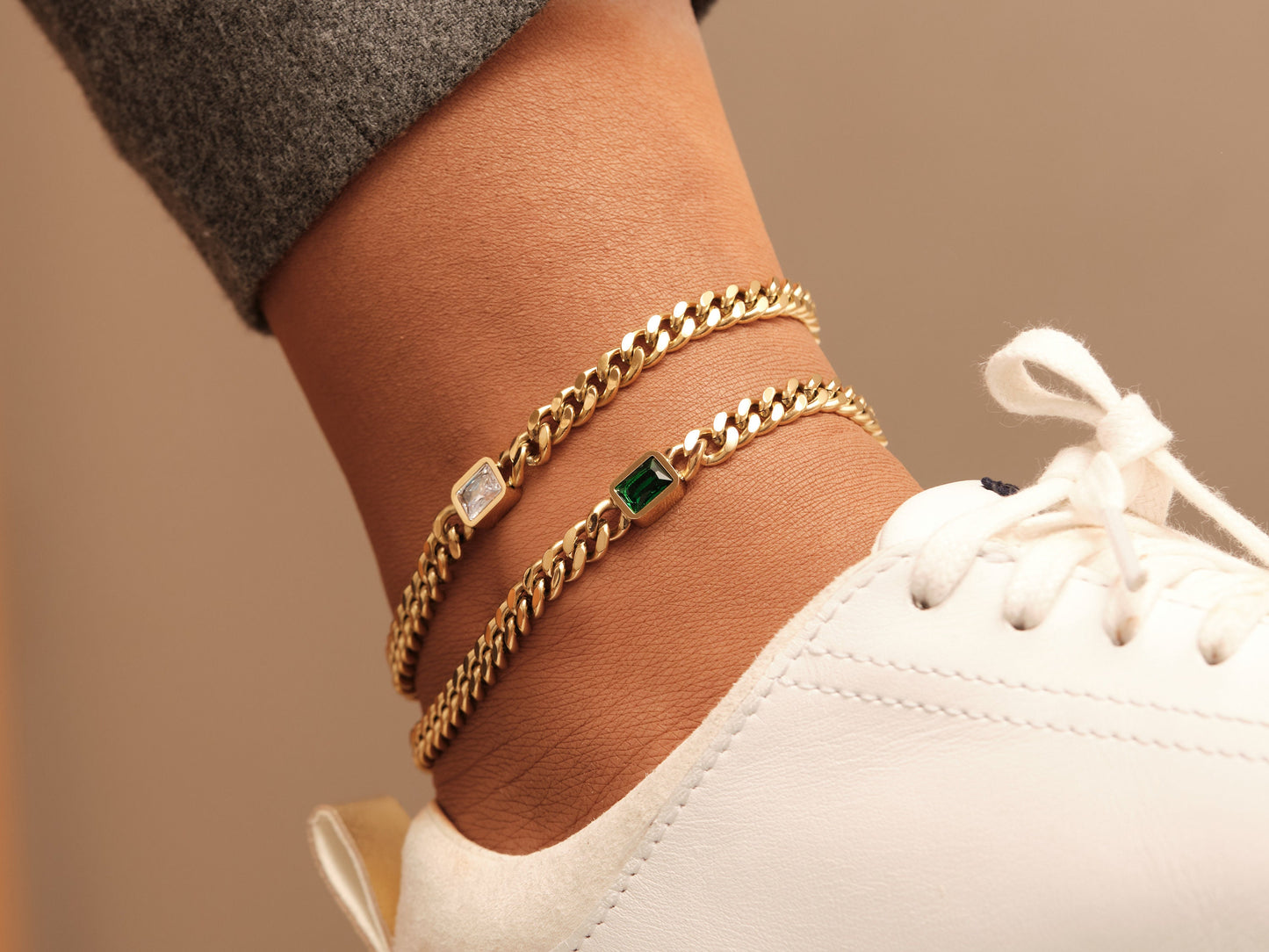 18K Gold Cuban Chain Bracelet, Emerald Bracelet, Square CZ Bracelet, Gold Chain Bracelet, WATERPROOF, White CZ Bracelet, Cuban Chain Gold