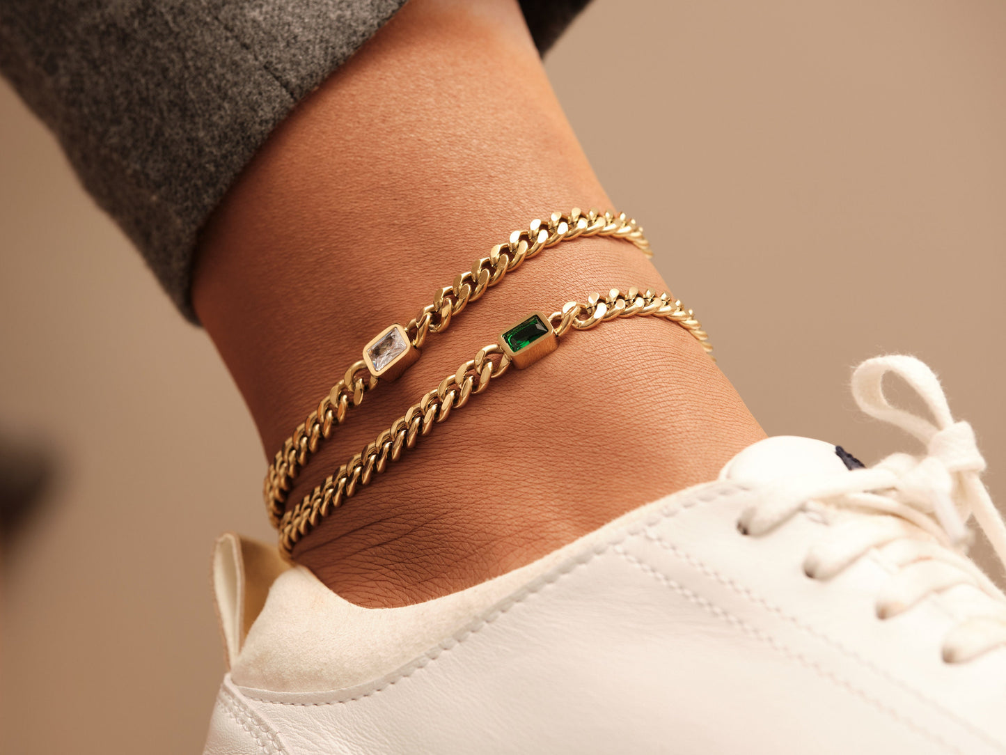 18K Gold Cuban Chain Anklet, Emerald Anklet, Square CZ Anklet, Gold Chain Anklet, WATERPROOF, White CZ Anklet, Cuban Chain Gold, Gift