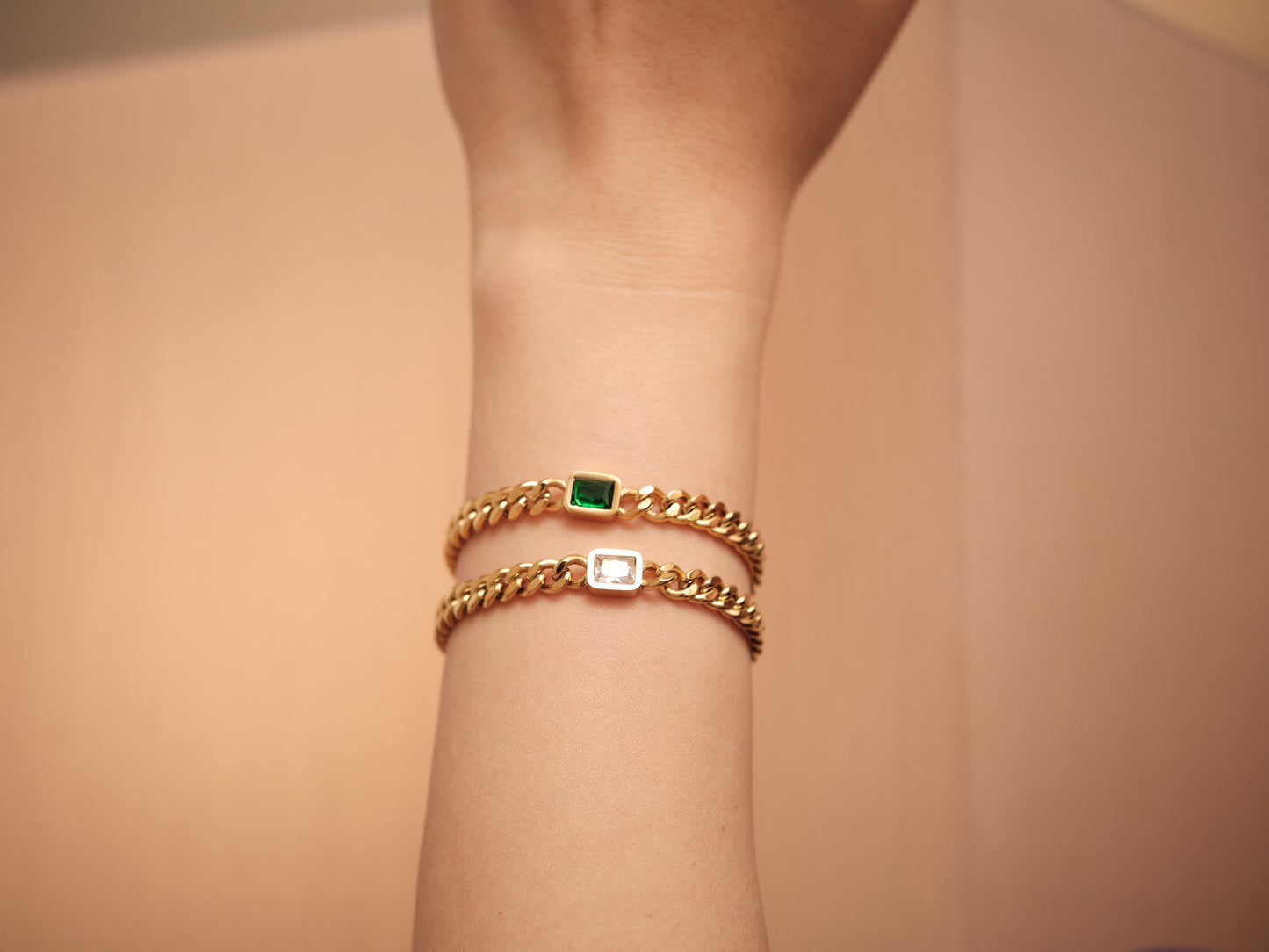 18K Gold Cuban Chain Bracelet, Emerald Bracelet, Square CZ Bracelet, Gold Chain Bracelet, WATERPROOF, White CZ Bracelet, Cuban Chain Gold