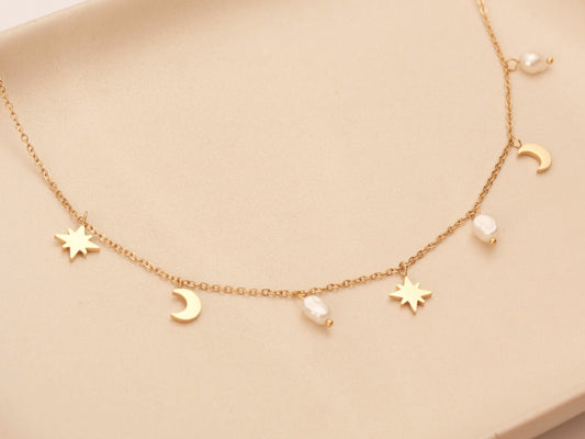 Freshwater Pearl Choker, Gold Star Choker, Gold choker Necklace, Gold Moon Choker, Celetial Necklace, Pearl Necklace Gift for Her waterproof