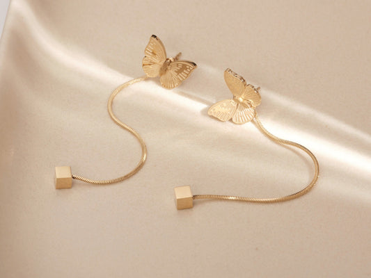 Gold Butterfly Earrings, Two ways of wearing, Dainty 3D Butterfly Studs, Butterfly Dangling Earring, Waterproof Earrings, Earring Gift