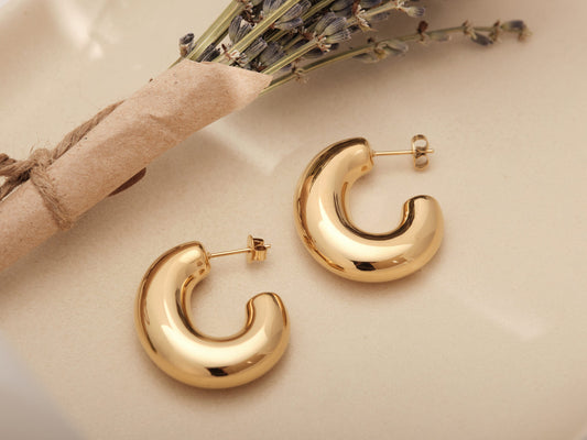 Gold Tube Earrings, Gold Bubble Hoops, Gold Hollow Tube Hoops, Gold Hoops, Gold Thick Hoops, Gold Chunky Bubble Hoops, Hollow, Lightweight