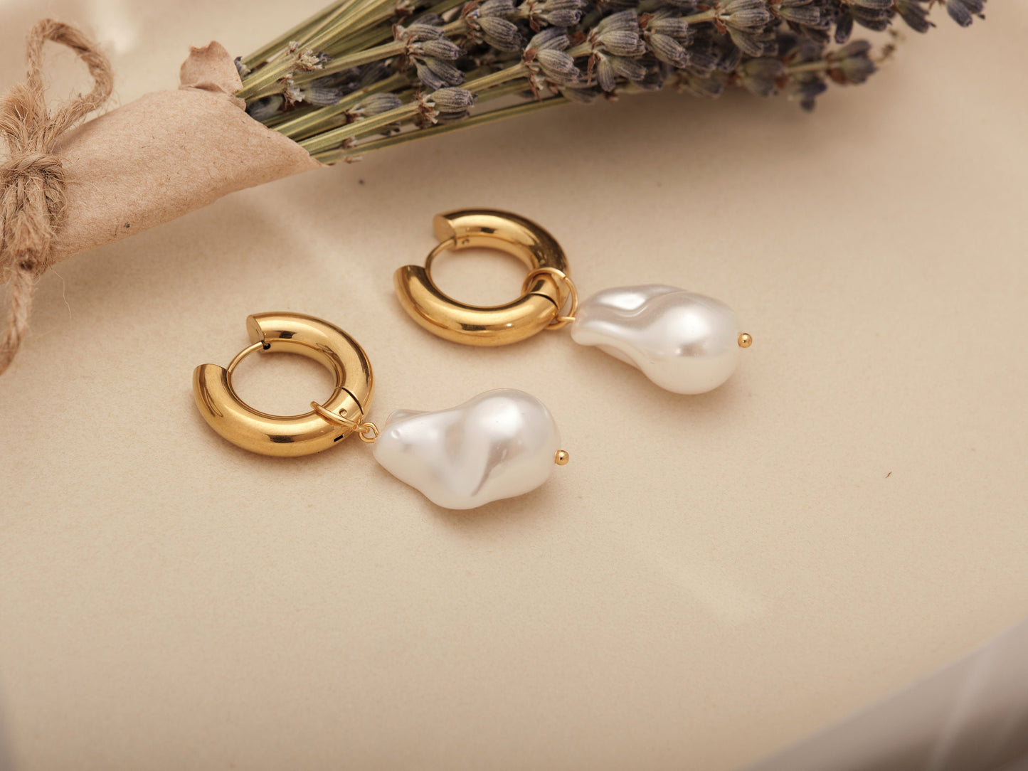 Pearl Hoop Earring Bridal Jewelry Gold Hoop Earrings Baroque Pearl Earrings Gold Hoops Minimalist Jewelry Bridesmaids Gift Set WATERPROOF