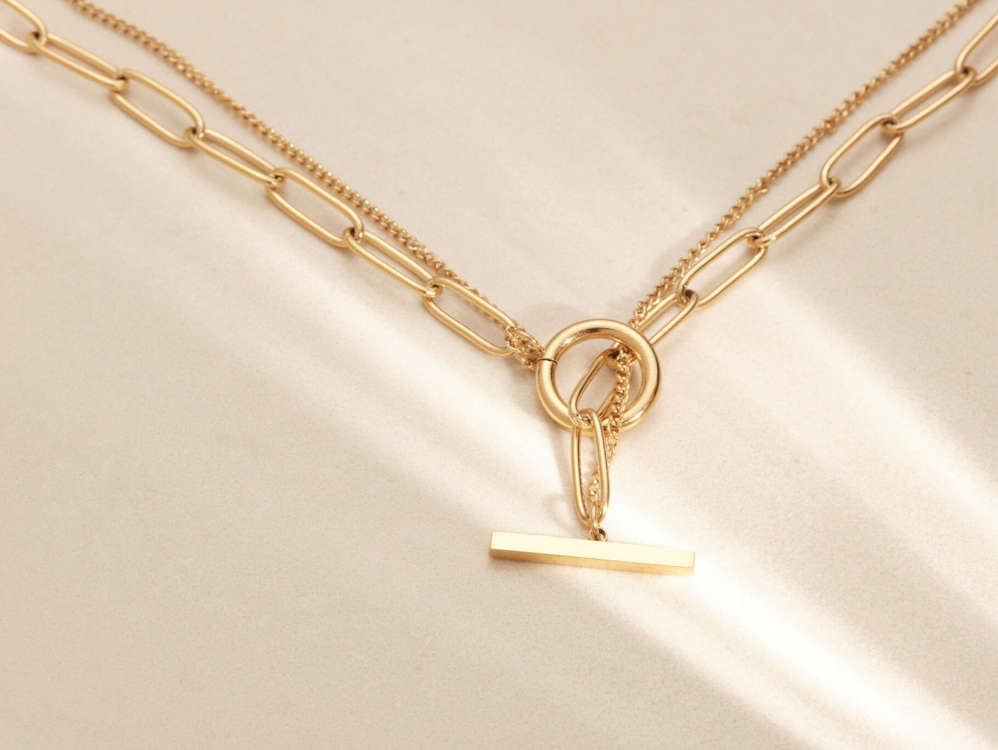 18K Gold Rectangle Chain Toggle Cuban Necklace, Double Chain, OT Necklace, Toggle Clasp Choker, Double Layer Necklace WATERPROOF jewelry