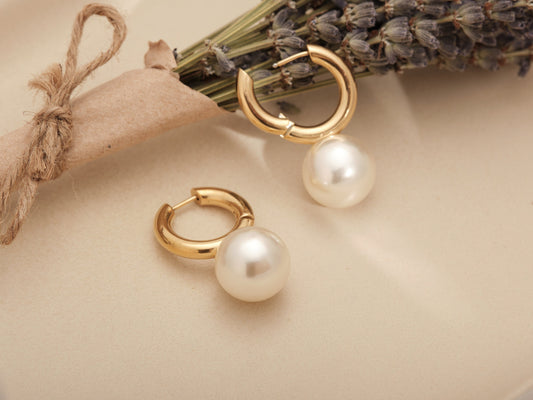 18K Gold Large Pearl Earrings, Simulated large Pearl Drop Earrings, chunky Pearl Huggies, Thick Huggies with Round Pearl Hoop Earring Gift