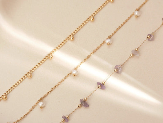 Gold Amethyst chain necklace, Natural Amethyst necklace, tiny amethyst beads chain, raw amethyst chain, tiny amethyst stone necklace gift