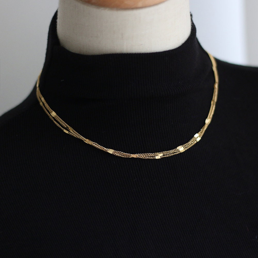 Gold Chain Choker Necklace, Triple Layer Choker, Gold Choker Necklace, Chain Necklace, Part Flat Curb Chain Necklace, Waterproof, Gift
