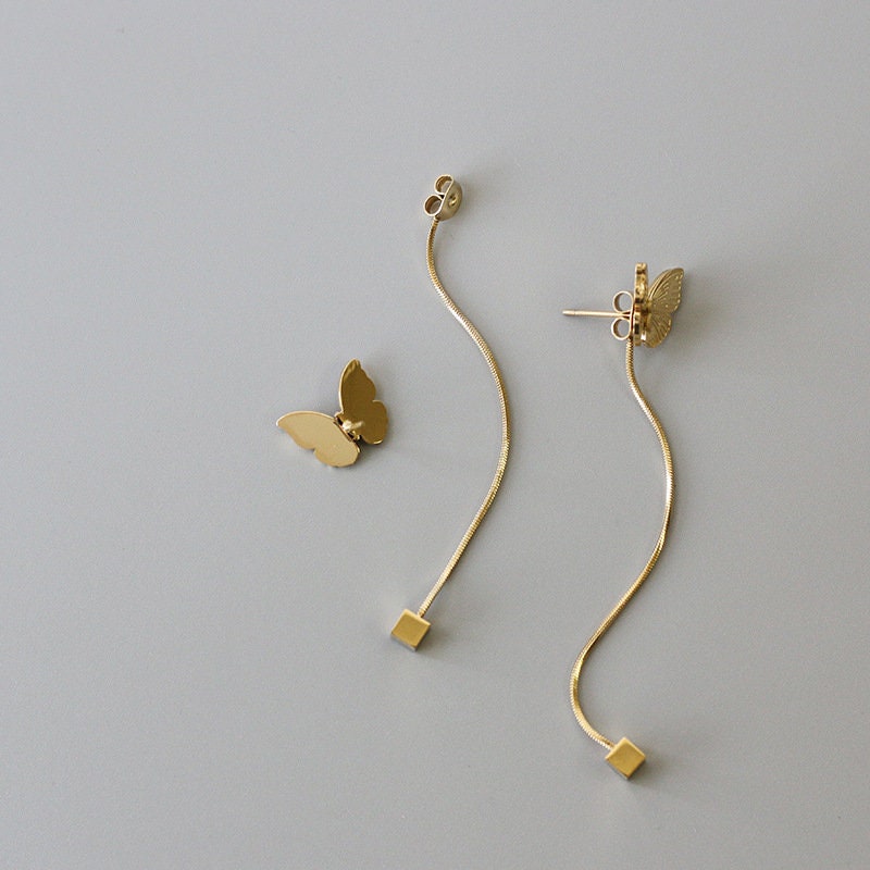 Gold Butterfly Earrings, Two ways of wearing, Dainty 3D Butterfly Studs, Butterfly Dangling Earring, Waterproof Earrings, Earring Gift