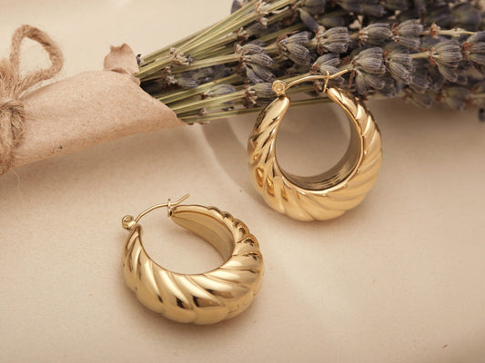 Gold Croissant Earrings, Croissant Hoops, Chunky Hoops, Twisted Hoops, Gold Thick Hoops, Hoop Earrings, Hollow Thick Hoop, Gold Braid Hoops