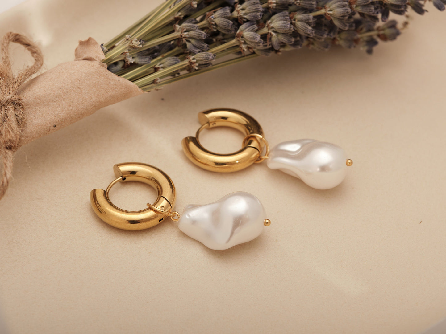 Pearl Hoop Earring Bridal Jewelry Gold Hoop Earrings Baroque Pearl Earrings Gold Hoops Minimalist Jewelry Bridesmaids Gift Set WATERPROOF