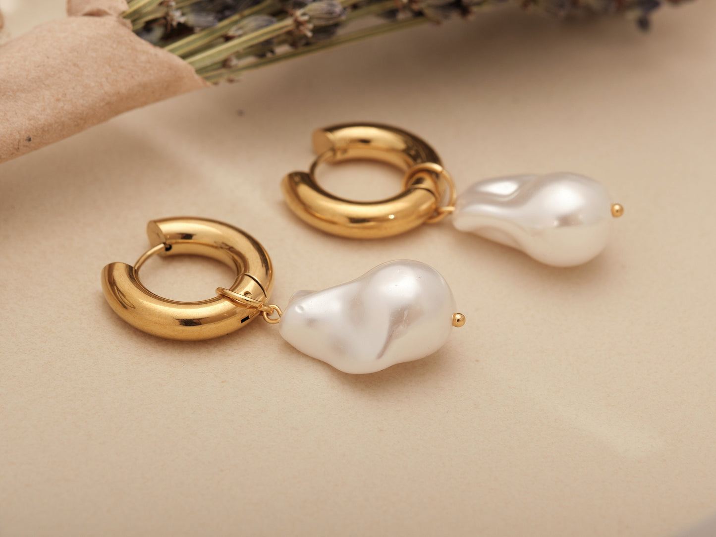 Pearl Hoop Earring Bridal Jewelry Gold Hoop Earrings Baroque Pearl Earrings Gold Hoops Minimalist Jewelry Bridesmaids Gift Set WATERPROOF