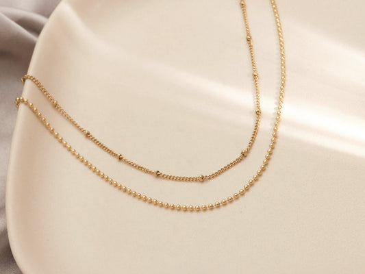 Gold Double Chain Choker, Gold Beaded Choker, Gold Satellite Chain Choker, Bead Chain, Gold Layering Choker, Gold Choker Necklace Gift