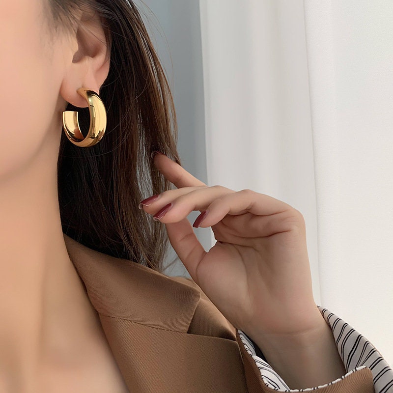 Gold Band Hoop Earrings, Wide band hoops, wide band earrings, large hoops, large open hoop earring, waterproof, Shinny Hoops, Statement hoop