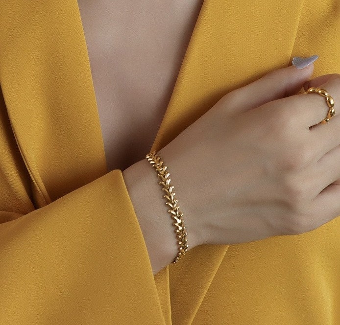 Gold Fishbone Chain Bracelet, Fishbone Bracelet Gold Chain Bracelet, Thick Fishbone Bracelet, Wide Gold Grain Chain Bracelet waterproof