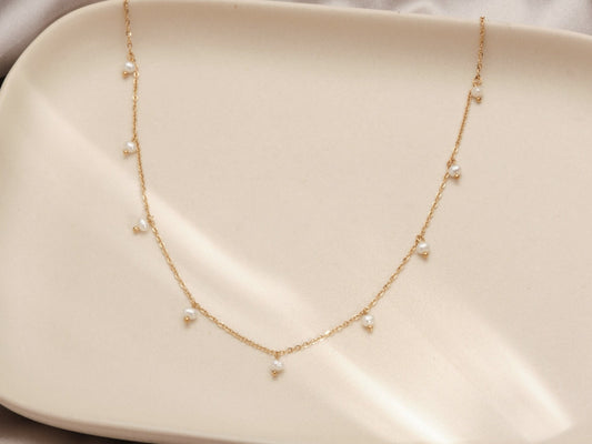 Gold freshwater pearl necklace, natural freshwater pearl strand, gold pearl necklace, tiny pave pearl necklace, genuine pearl necklace gift