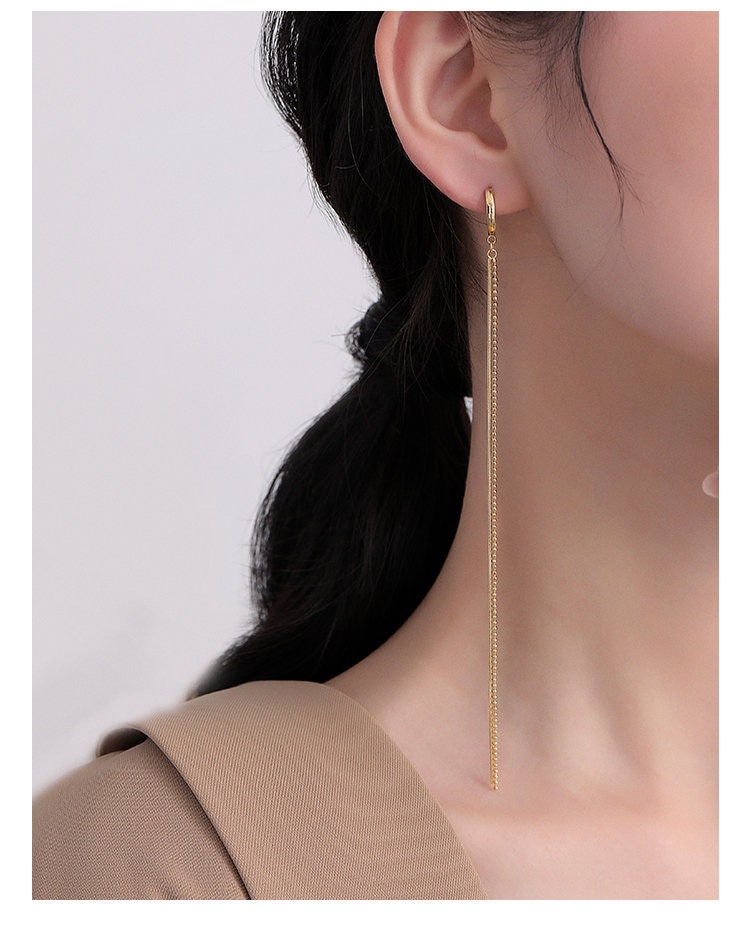 Gold Long Chain Earring, Gold Snake Chain Earring, Gold Dangling Earring, Minimalist, Modern Look Earring Gold Drop Chain WATERPROOF Earring