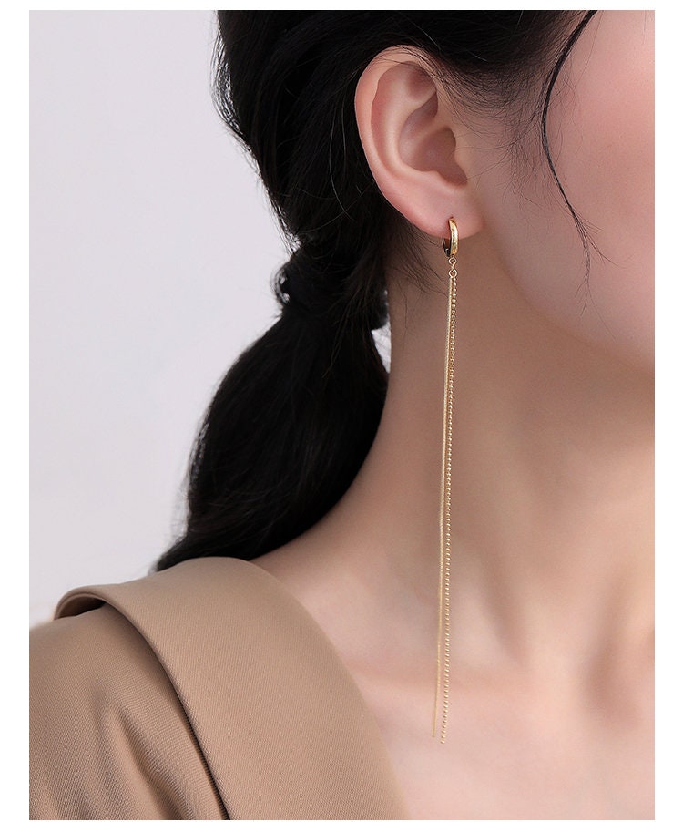 Gold Long Chain Earring, Gold Snake Chain Earring, Gold Dangling Earring, Minimalist, Modern Look Earring Gold Drop Chain WATERPROOF Earring