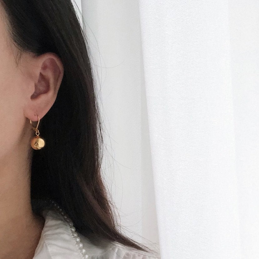 Gold Large Ball Earring, gold earring, dangling earring, gold hoop earring, minimalist, dainty earring, statement earring waterproof earring