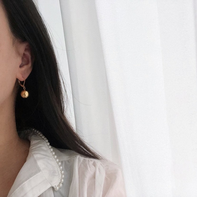 Gold Large Ball Earring, gold earring, dangling earring, gold hoop earring, minimalist, dainty earring, statement earring waterproof earring