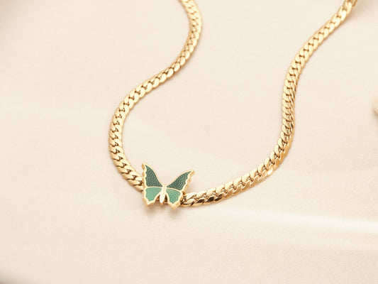 Green Butterfly Necklace, Gold Necklace, Gold Herringbone, Gold Snake Chain Choker, Gold Butterfly Choker, Gold Choker, WATERPROOF Choker