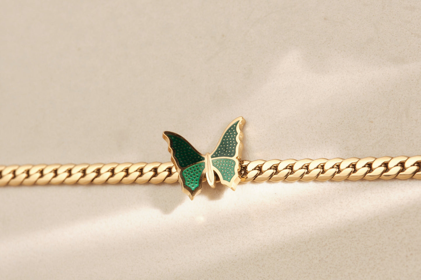 Green Butterfly Necklace, Gold Necklace, Gold Herringbone, Gold Snake Chain Choker, Gold Butterfly Choker, Gold Choker, WATERPROOF Choker