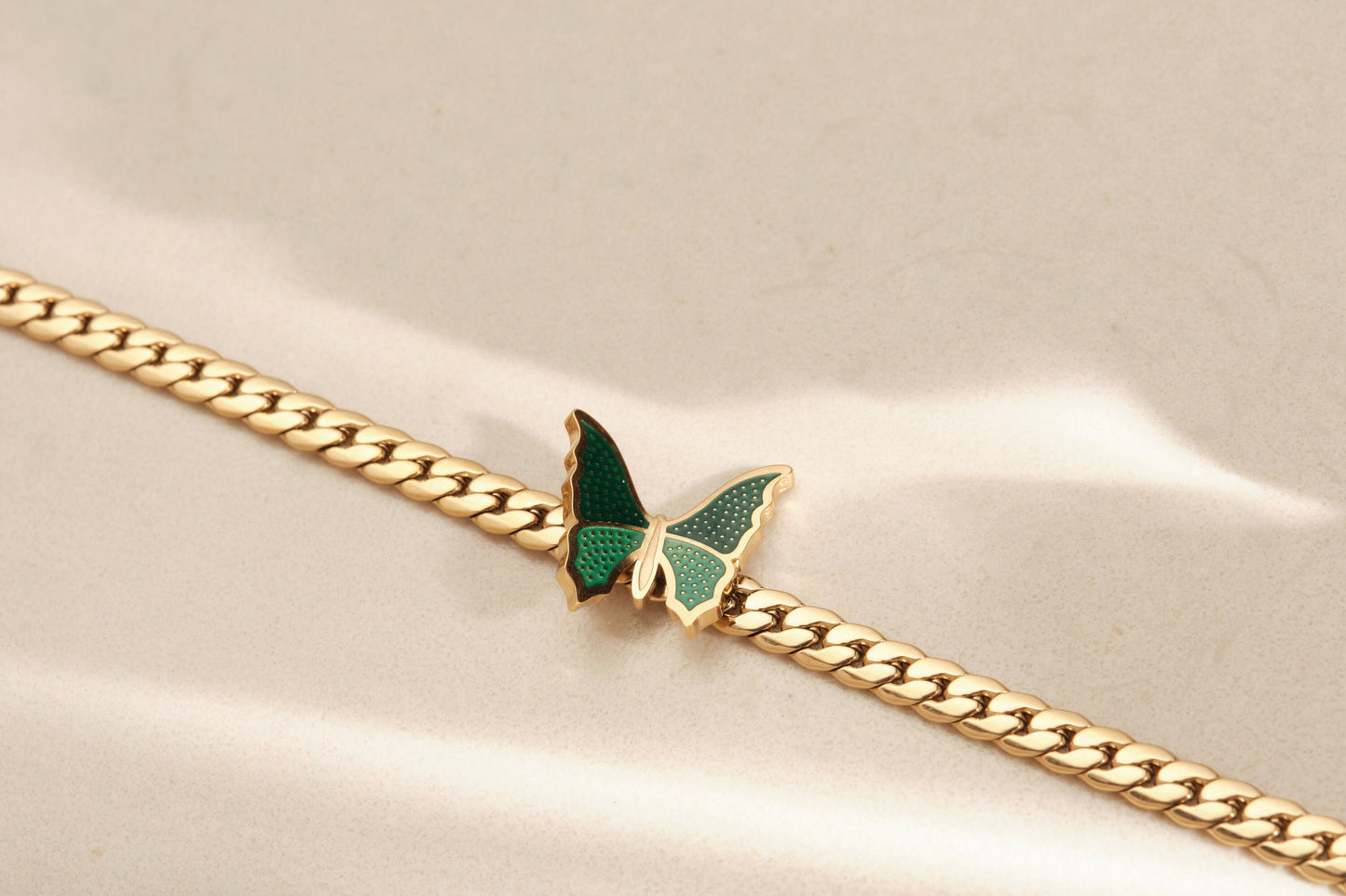 Green Butterfly Necklace, Gold Necklace, Gold Herringbone, Gold Snake Chain Choker, Gold Butterfly Choker, Gold Choker, WATERPROOF Choker