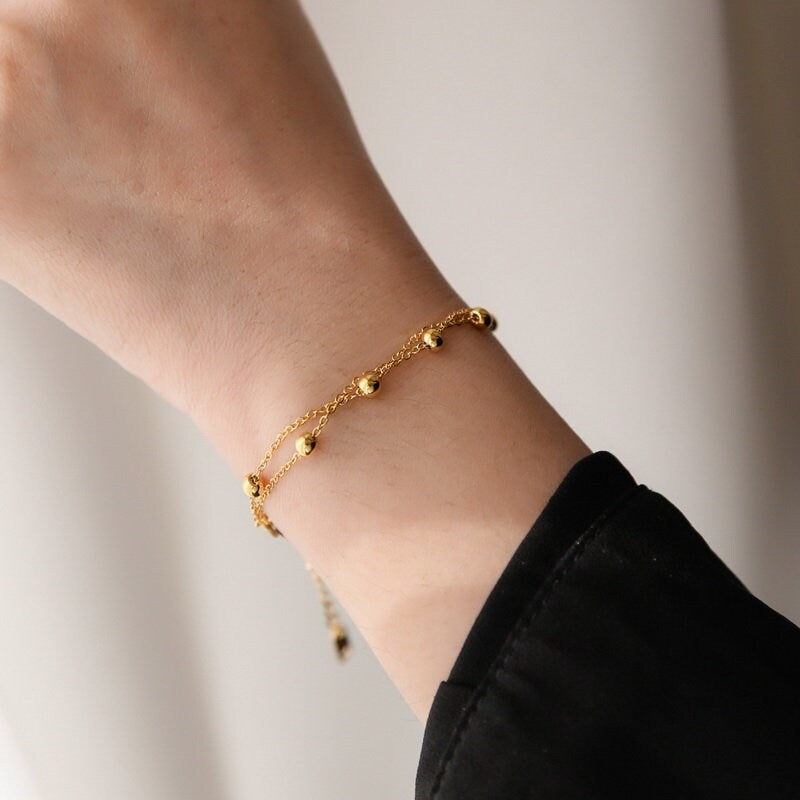 18k gold beads bracelet, double bead chain bracelet, double layer bracelet, gold chain bracelet, gold bracelet, Waterproof stainless steel